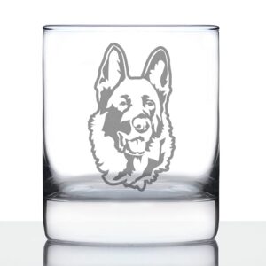 german shepherd happy face - fun whiskey rocks glass gifts for men & women - unique whisky drinking tumbler decor