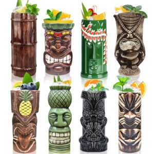 linall tiki mugs cocktail set of 8 - tumblers ceramic hawaiian luau party mugs drinkware, cute exotic cocktail glasses, tiki bar professional hawaiian party barware, tkset0017 (8pcs)