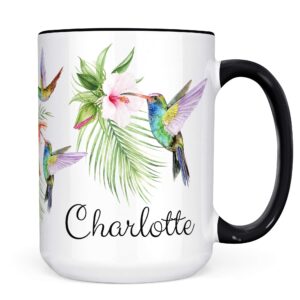 hummingbird and hibiscus coffee mug, birds and hibiscus personalized with name microwave dishwasher safe ceramic cup