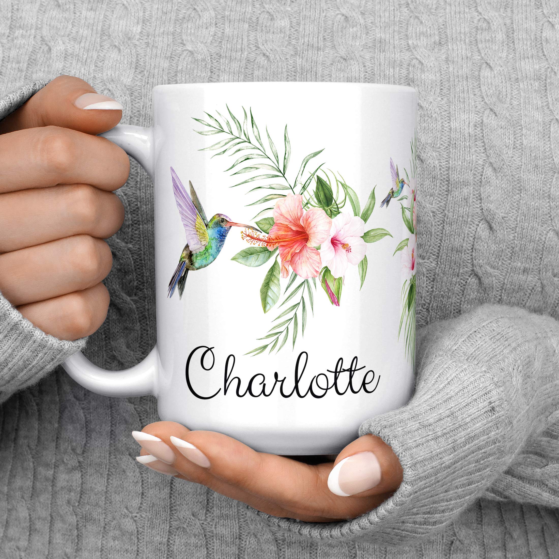Hummingbird and Hibiscus Coffee Mug, Birds and Hibiscus Personalized with Name Microwave Dishwasher Safe Ceramic Cup