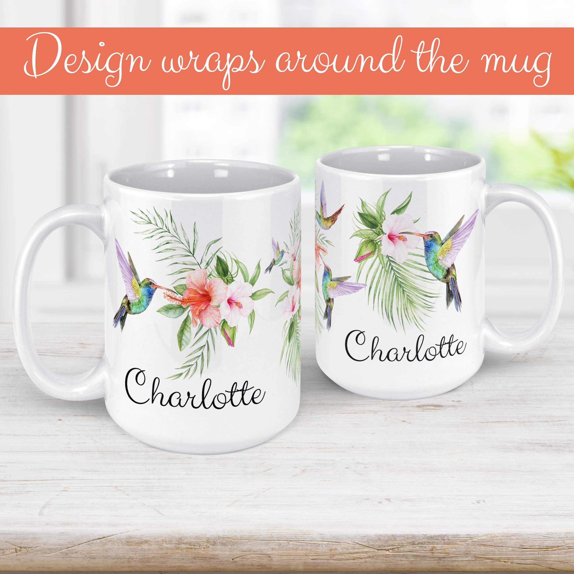 Hummingbird and Hibiscus Coffee Mug, Birds and Hibiscus Personalized with Name Microwave Dishwasher Safe Ceramic Cup