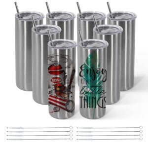 agh 8 pack 20oz sublimation tumbler blank, stainless steel tumblers bulk with reuse straw and brush, silvery cup vacuum insulated mug for travel coffee