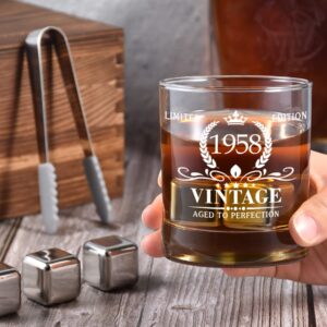 66th Birthday Gifts for Men, Vintage 1958 Whiskey Glass and Stones Gift Set of 2, Funny 66 Birthday Gift for Dad Husband Brother, 66 Birthday Present Ideas for Him, 66 Year Old Bday Decorations