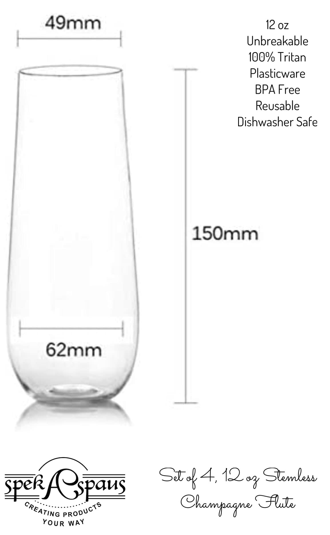 Spekaspaus TM 4 Unbreakable Stemless Champagne Flutes -12 oz-100% Tritan Plasticware - Shatterproof, Reusable, Dishwasher Safe, BPA-Free