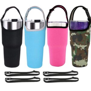 gzingen 4 pack tumbler carrier holder with shoulder strap,for 30oz travel insulated tumbler coffee cup,water bottle carrier with strap portable neoprene sleeve water bottles cup carrier pouch