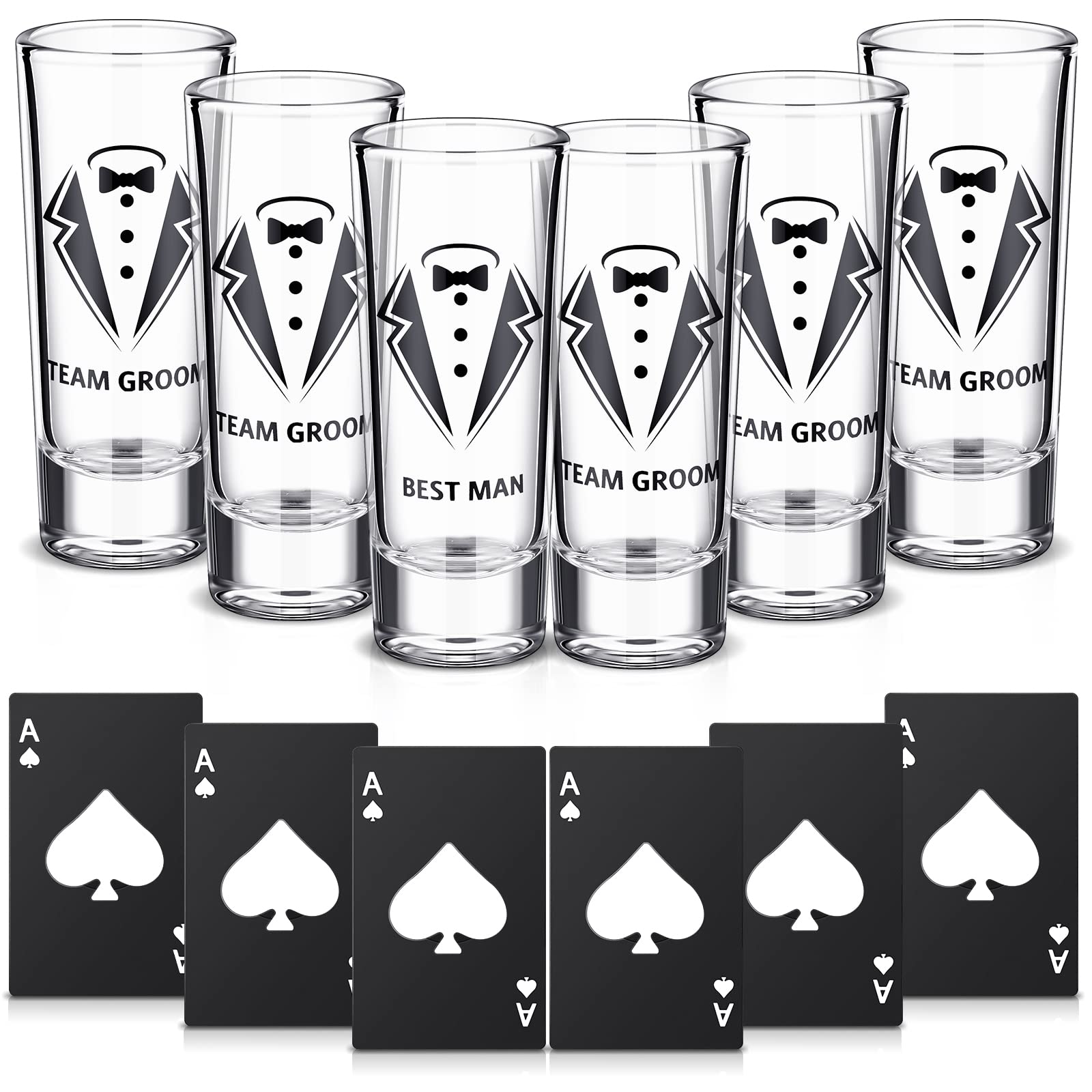 6 Pcs Groomsmen Shot Glasses and 6 Pcs Ace of Spades Bottle Opener 2 oz Tuxedo Printed Groomsmen Shot Glasses Set of 6 Groomsmen Proposal Gifts Bachelor Party Supplies for Wedding Party Favor Gifts