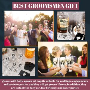 6 Pcs Groomsmen Shot Glasses and 6 Pcs Ace of Spades Bottle Opener 2 oz Tuxedo Printed Groomsmen Shot Glasses Set of 6 Groomsmen Proposal Gifts Bachelor Party Supplies for Wedding Party Favor Gifts