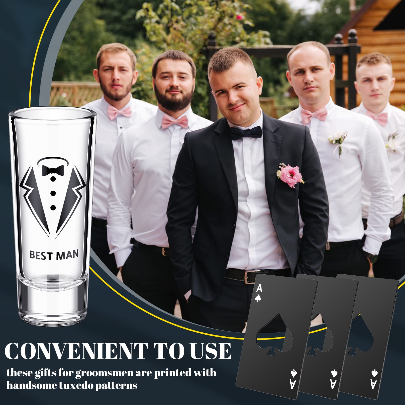 6 Pcs Groomsmen Shot Glasses and 6 Pcs Ace of Spades Bottle Opener 2 oz Tuxedo Printed Groomsmen Shot Glasses Set of 6 Groomsmen Proposal Gifts Bachelor Party Supplies for Wedding Party Favor Gifts