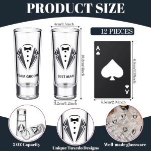 6 Pcs Groomsmen Shot Glasses and 6 Pcs Ace of Spades Bottle Opener 2 oz Tuxedo Printed Groomsmen Shot Glasses Set of 6 Groomsmen Proposal Gifts Bachelor Party Supplies for Wedding Party Favor Gifts