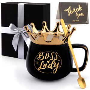 mother's day gifts for women, gifts for boss women boss lady gifts crown coffee cup birthday gifts for managers female boss, funny 12oz thank you boss appreciation gift boss mug with spoon（ceramic）
