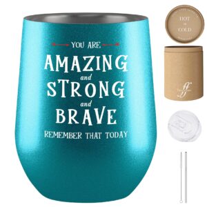 fancyfams encouragement gifts for women, 12 oz stainless steel wine tumbler, thank you gifts for women, you are amazing and strong and brave remember that today (strong - turquoise)