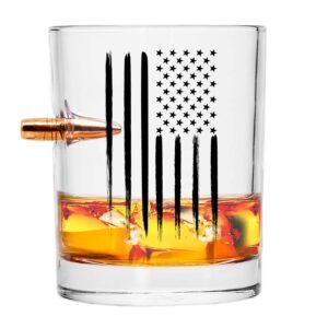 humutan real projectile american flag whiskey rocks glass – hand blown glasses – 8 oz old fashioned glass for scotch, bourbon or whiskey – .308 bullet whiskey glass