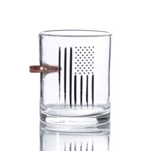 Humutan Real Projectile American Flag Whiskey Rocks Glass – Hand Blown Glasses – 8 Oz Old Fashioned Glass for Scotch, Bourbon or Whiskey – .308 Bullet Whiskey Glass