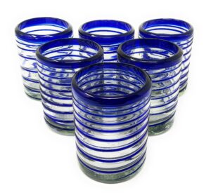 hand blown mexican drinking glasses – set of 6 tumbler glasses with blue spiral design (10 oz each) …