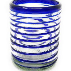 Hand Blown Mexican Drinking Glasses – Set of 6 Tumbler Glasses with Blue Spiral Design (10 oz each) …
