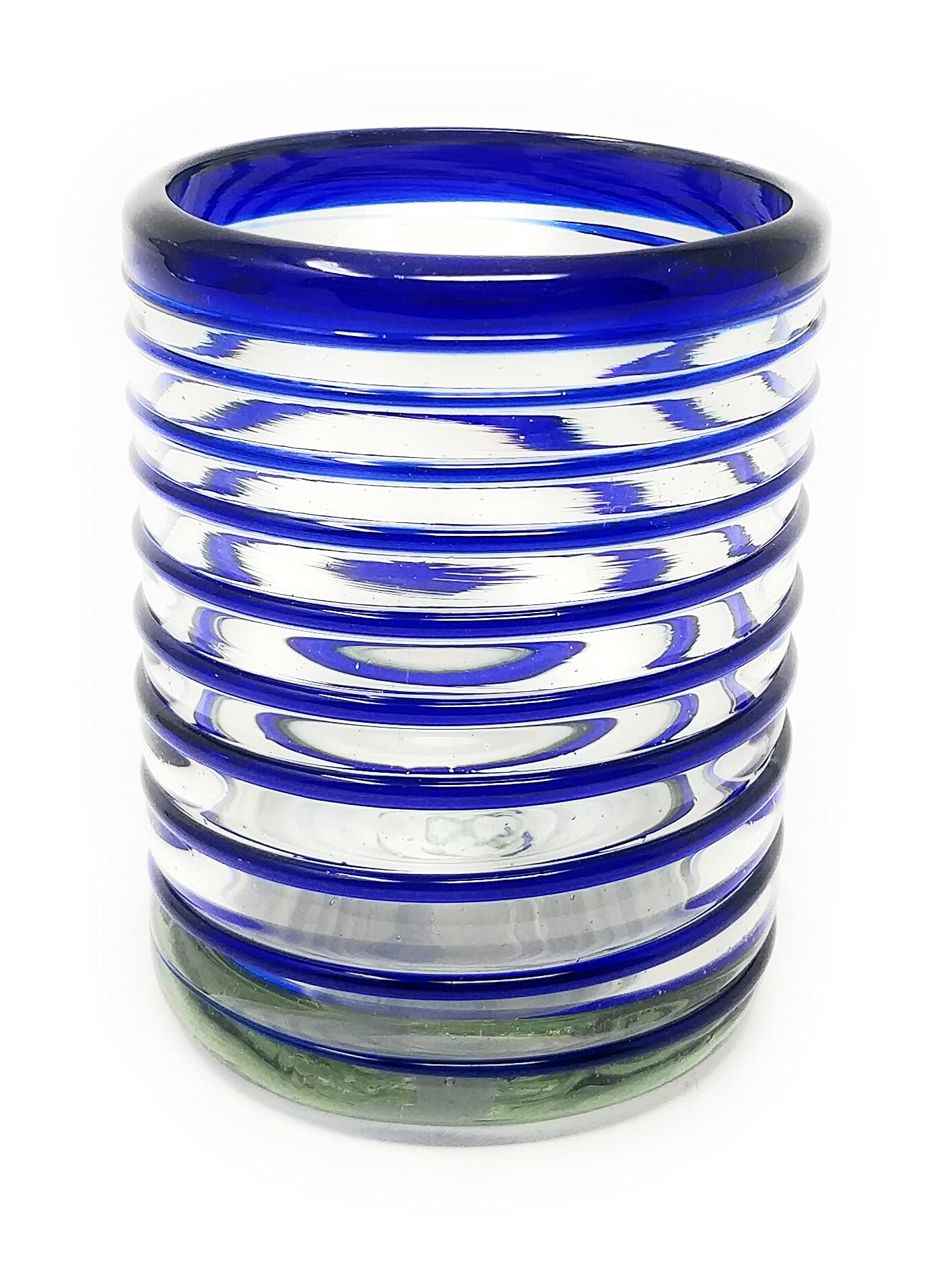 Hand Blown Mexican Drinking Glasses – Set of 6 Tumbler Glasses with Blue Spiral Design (10 oz each) …