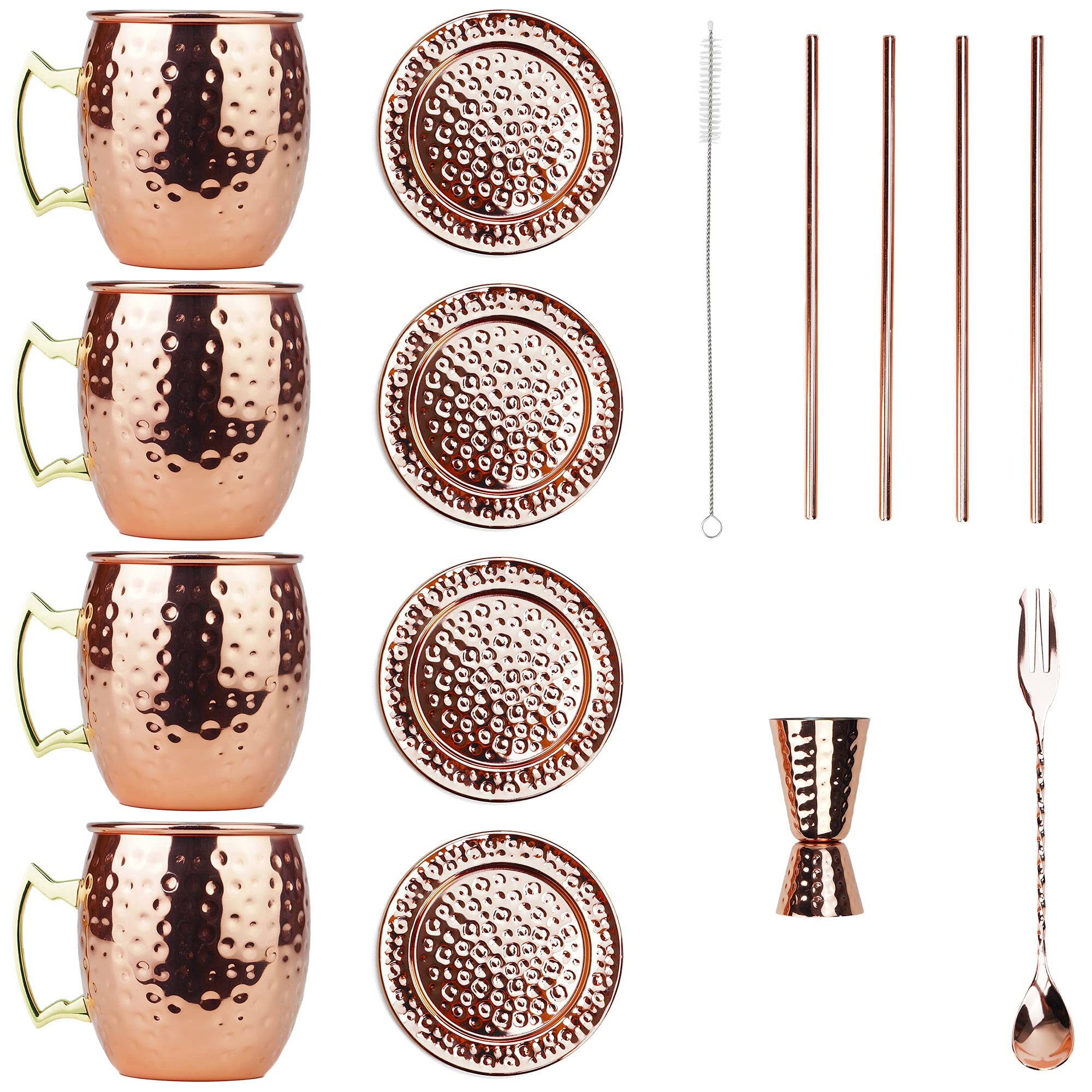 PG Moscow Mule/Cocktail Bar Set, 15-pc Copper/Rose Gold Color, High Grade SS, w/4x Moscow Mule Mugs, 4x Straws w/cleaner, 4x REAL STAINLESS Coasters, 1x Double-Jigger 1x Double-head Stirrer