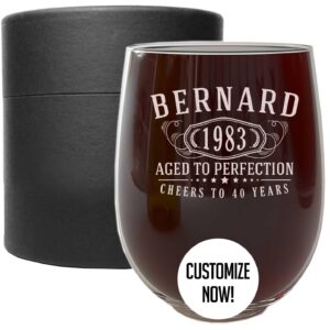 Personalized Etched 17oz Stemless Wine Glass - Customized Gifts for Women, Unique Custom Name Happy 40th Birthday Gifts for Mom Sister Adult Daughter, Turning Years Old for Her, Bday Party, Bernard