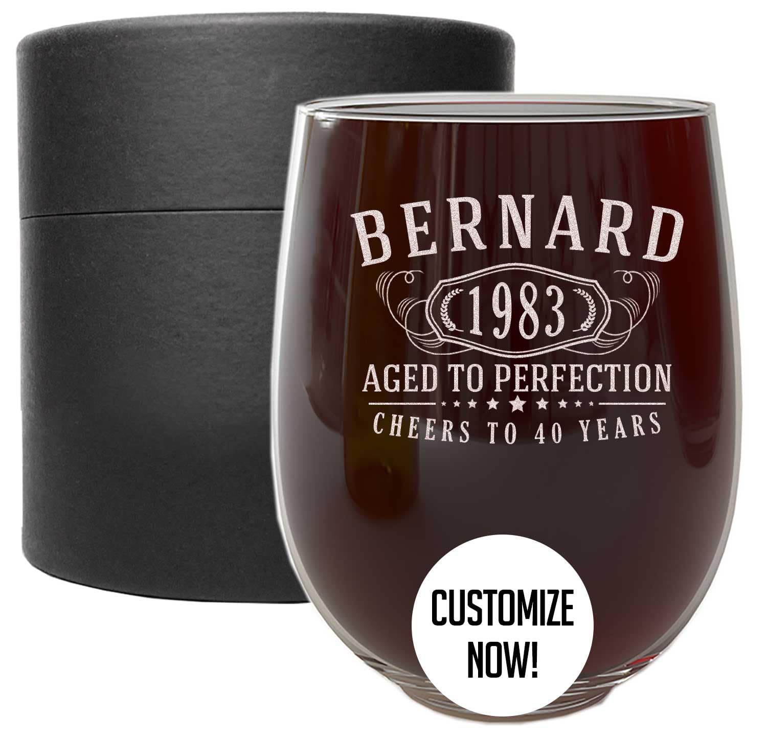 Personalized Etched 17oz Stemless Wine Glass - Customized Gifts for Women, Unique Custom Name Happy 40th Birthday Gifts for Mom Sister Adult Daughter, Turning Years Old for Her, Bday Party, Bernard