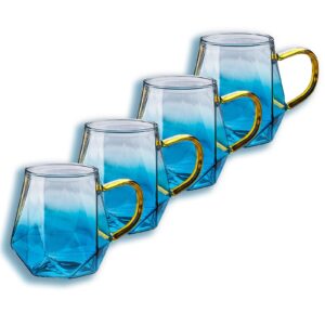 pturey gradient blue heat resistant glass coffee cups set of 4, crystal diamond shape 11oz glass espresso cups, borosilicate glass tea cups