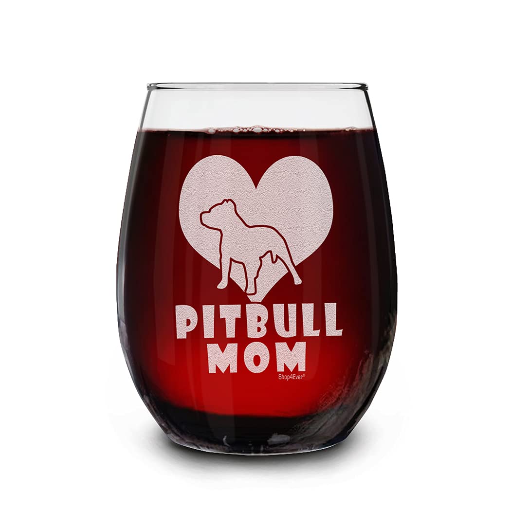 shop4ever Pitbull Mom Laser Engraved Stemless Wine Glass 15 oz. Pitbull Mama Pittie Dog Mom Gift