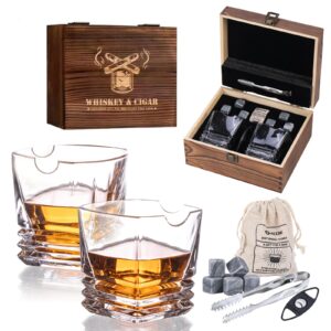 vkdone whiskey glasses gift set of 2 old fashioned crystal square glass, whiskey stone, tongs, velvet pouch and cutter, great gifts for men, dad, husband, whiskey lover
