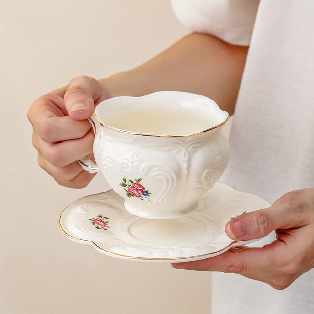 S.ROKE TTAN 8 oz Porcelain Coffee Cup and Saucer Set, White Phnom Penh Teacup Cappuccino Cup Coffee Cup with Spoons, for Drinks, Cappuccino, Latte and Tea, Set of 2 (White)