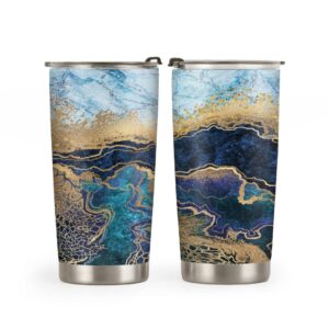 64hydro 20oz coffee thermos for women, inspirational birthday gifts for her, gifts for mom daughter sister friends, abstract gold blue ocean marble tumbler cup, insulated travel coffee mug with lid