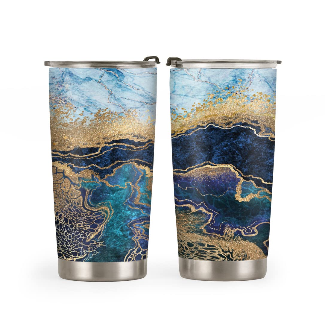 64HYDRO 20oz Coffee Thermos for Women, Inspirational Birthday Gifts for Her, Gifts for Mom Daughter Sister Friends, Abstract Gold Blue Ocean Marble Tumbler Cup, Insulated Travel Coffee Mug with Lid