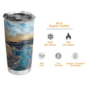 64HYDRO 20oz Coffee Thermos for Women, Inspirational Birthday Gifts for Her, Gifts for Mom Daughter Sister Friends, Abstract Gold Blue Ocean Marble Tumbler Cup, Insulated Travel Coffee Mug with Lid