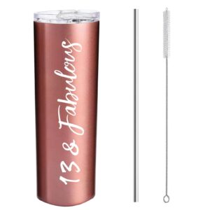 brt bearingshui 13th & fabulous stainless steel tumbler cup rose gold 20 oz, 13 birthday party decorations supplies present, 13 birthday gifts idea for girl, gifts for 13 years old girl