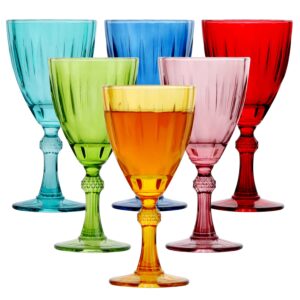 clear glass goblet , set of 6 drinking glasses with stem , 10 oz embossed design | wedding, party glass set of 6 for wine or water (multi-color)