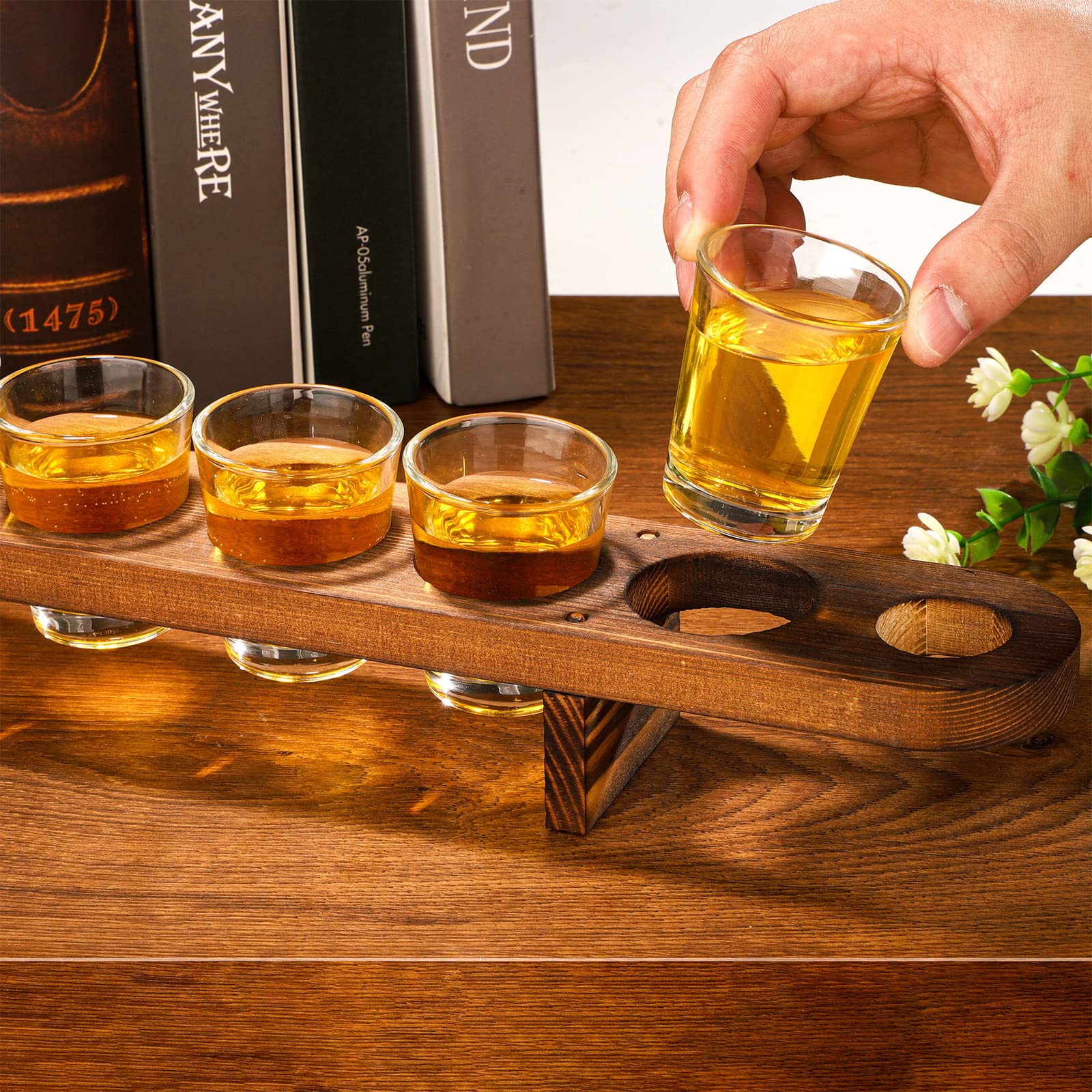 2 Pack Shot Glasses Serving Tray and Shot Glass Set Rustic Wooden Holder for Drinking Wood Shot Cup Tray Tequila Glass Set with Tray Whiskey Flight Board with Glasses for Party Restaurant Bar Display
