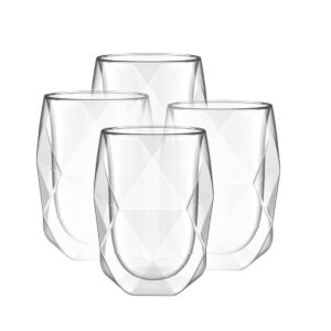 btat-double wall insulated glass mug, diamond shape, set of 4, 12oz, insulated coffee mug, double wall glass, coffee cups, tea cups, latte cups, glass coffee mug, coffee glass, latte mug, clear mugs