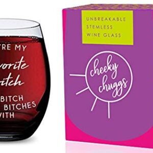 GSM Brands Stemless Wine Glass for Women (Favorite Bitch to Bitch About) Made of Unbreakable Tritan Plastic and Dishwasher Safe - 16 ounces