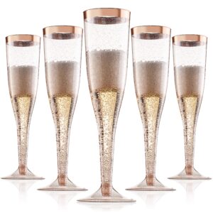 rose gold plastic champagne flutes disposable - rose gold glitter with a rose gold rim - [1 box of 36 ] 6.5 oz - elegant stylish mimosa glasses perfect for weddings bachelorette party, events
