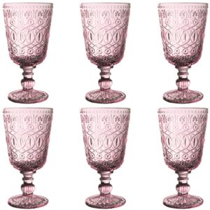 Taganov Vintage Glassware Purple Water Goblets Drinking Colored Wine Glasses set of 6 Pink Embossed Drinkware Stemware 10 oz for Wedding Party Bar Christmas