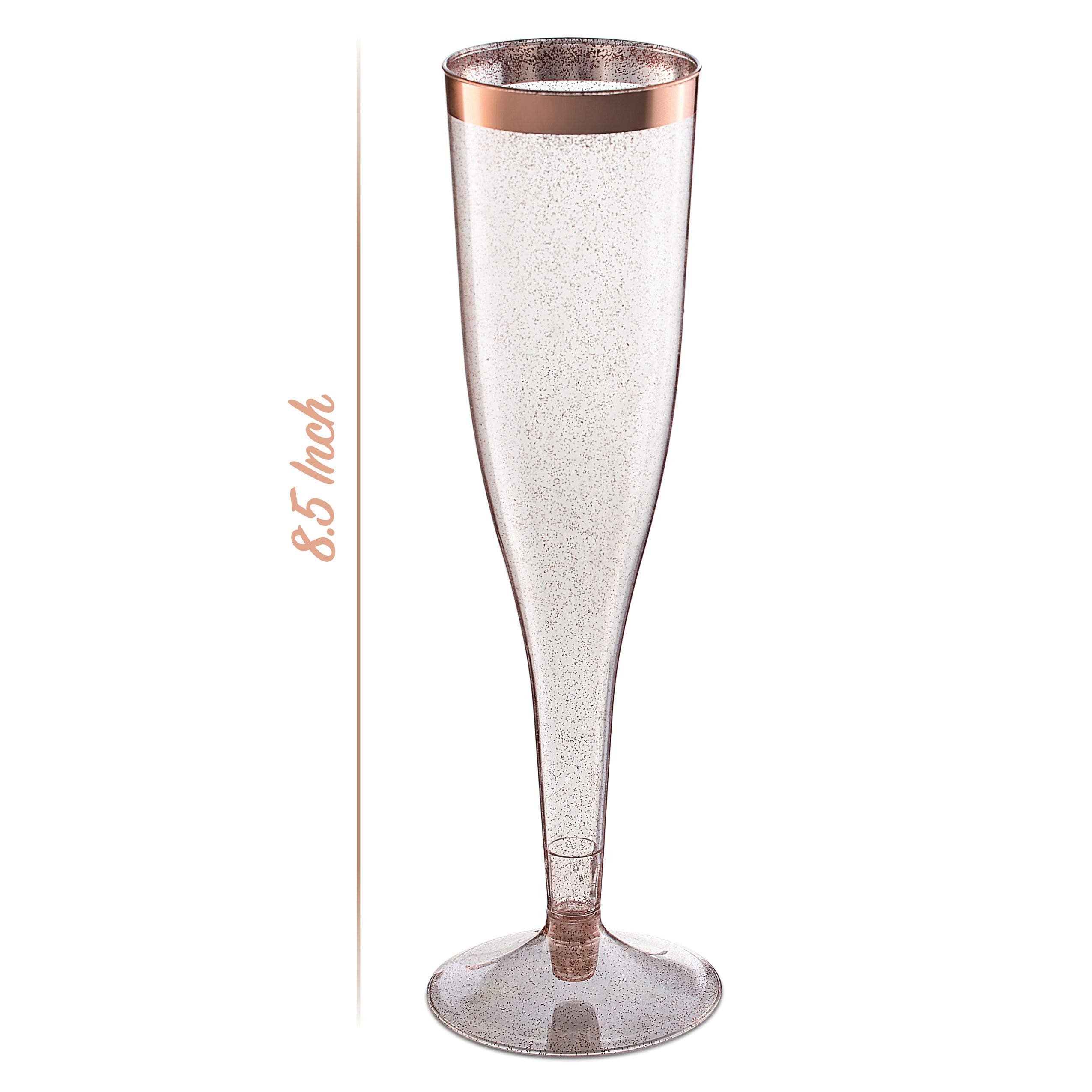 Rose Gold Plastic Champagne Flutes Disposable - Rose Gold Glitter with a Rose Gold Rim - [1 Box of 36 ] 6.5 Oz - Elegant Stylish Mimosa Glasses Perfect for Weddings Bachelorette Party, Events