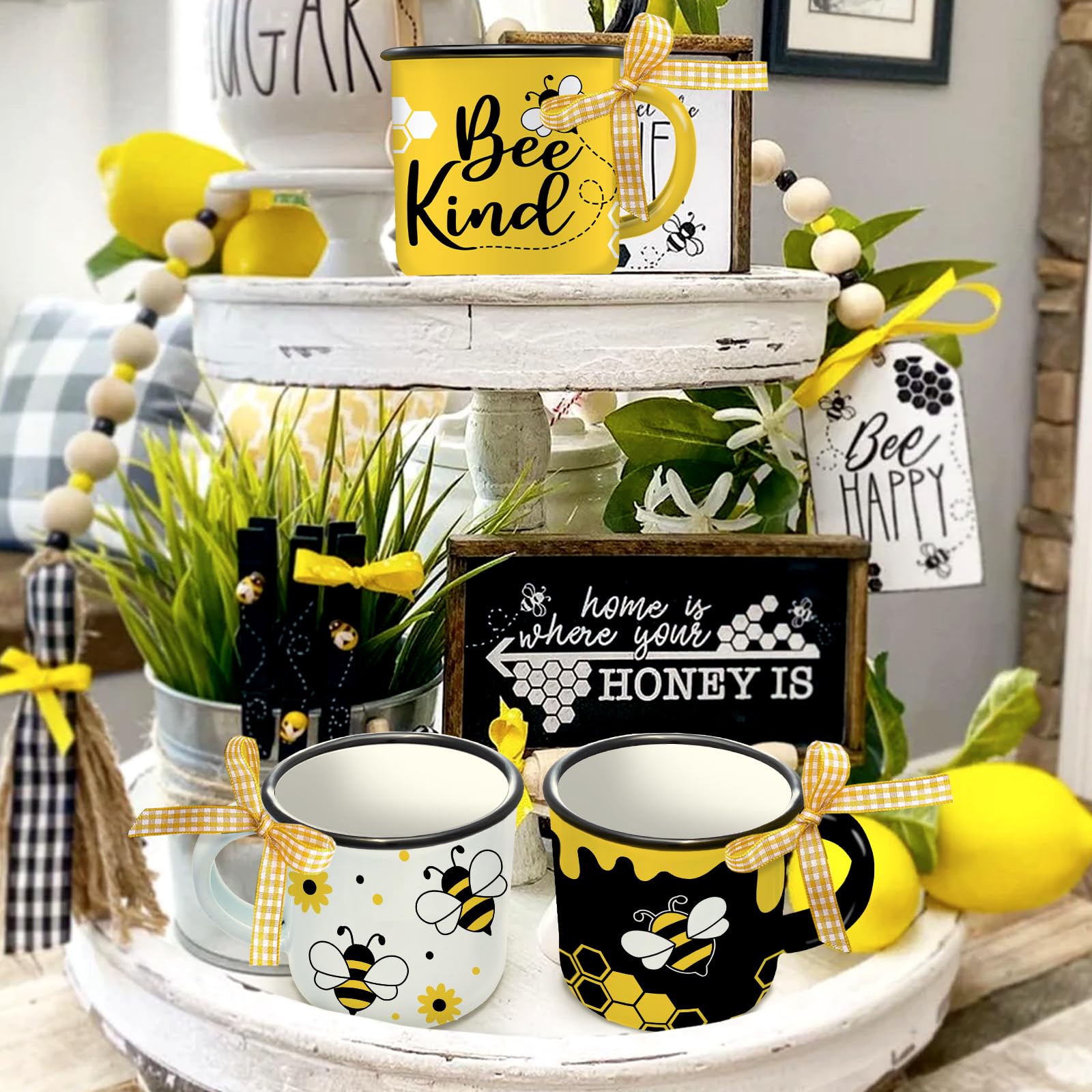 Paayna Bumble Bee Themed Spring Summer Mini Coffee Mug Set of 3, Bee Kind Honey Beehive Mini Coffee Cups for Tiered Tray Decor, Farmhouse Kitchen Coffee Bar Decorations Inspirational Housewarming Gift