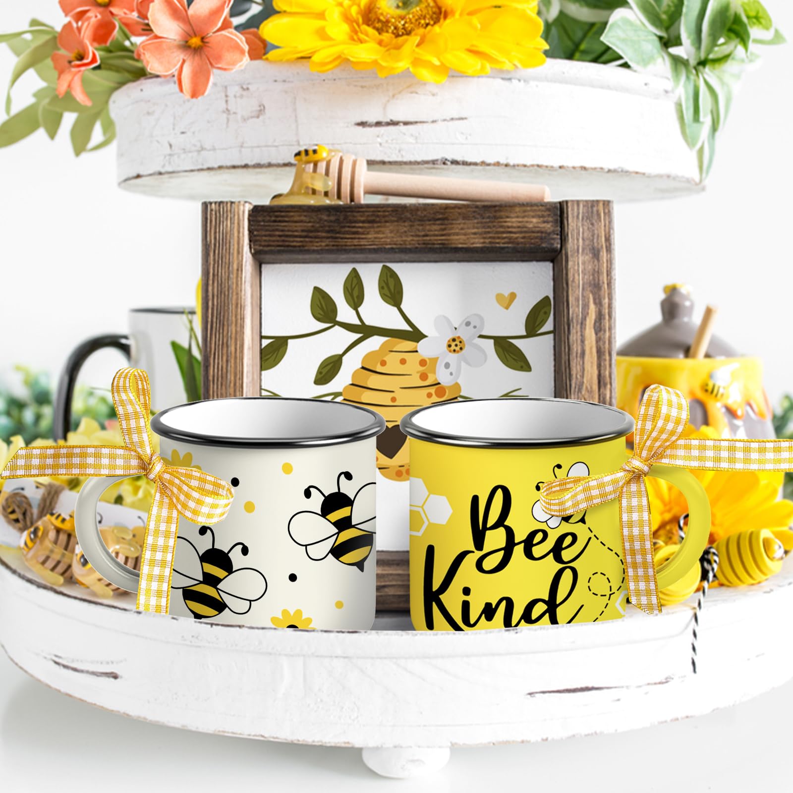 Paayna Bumble Bee Themed Spring Summer Mini Coffee Mug Set of 3, Bee Kind Honey Beehive Mini Coffee Cups for Tiered Tray Decor, Farmhouse Kitchen Coffee Bar Decorations Inspirational Housewarming Gift