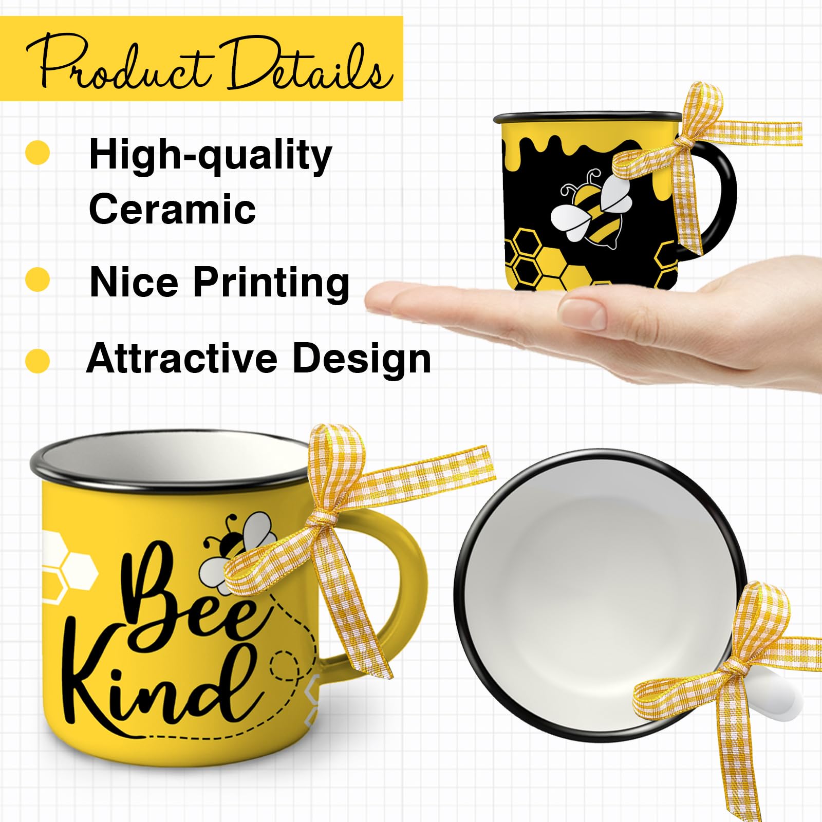 Paayna Bumble Bee Themed Spring Summer Mini Coffee Mug Set of 3, Bee Kind Honey Beehive Mini Coffee Cups for Tiered Tray Decor, Farmhouse Kitchen Coffee Bar Decorations Inspirational Housewarming Gift