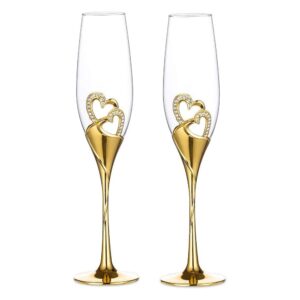lanlong wedding champagne goblets toasting flute glasses for bride and groom creative deluxe glass cups with rhinestone rimmed heart decoration gift set