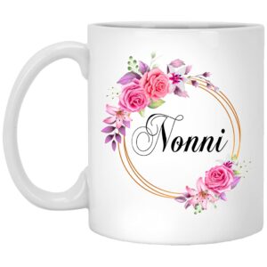 nonni flower novelty coffee mug gift for mother's day - nonni pink flowers on gold frame - new nonni mug flower - birthday gifts for nonni - nonni coffee mug 11oz