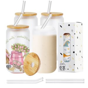 merryjoy 4 pack sublimation glass blanks with bamboo lid,16 oz frosted glass cups with lids and straws,sublimation glass can,sublimation glass blanks for iced coffee,juice,soda,drinks,beer