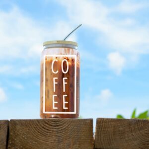 16 oz Iced Coffee Cup with Bamboo Lids and Straws | Mason Jar Cups & Iced Coffee Tumbler with Lid and Straw | Glass Cups for Iced Coffee, Boba Cup | Beer Can Glass & Smoothie Cup - Coffee