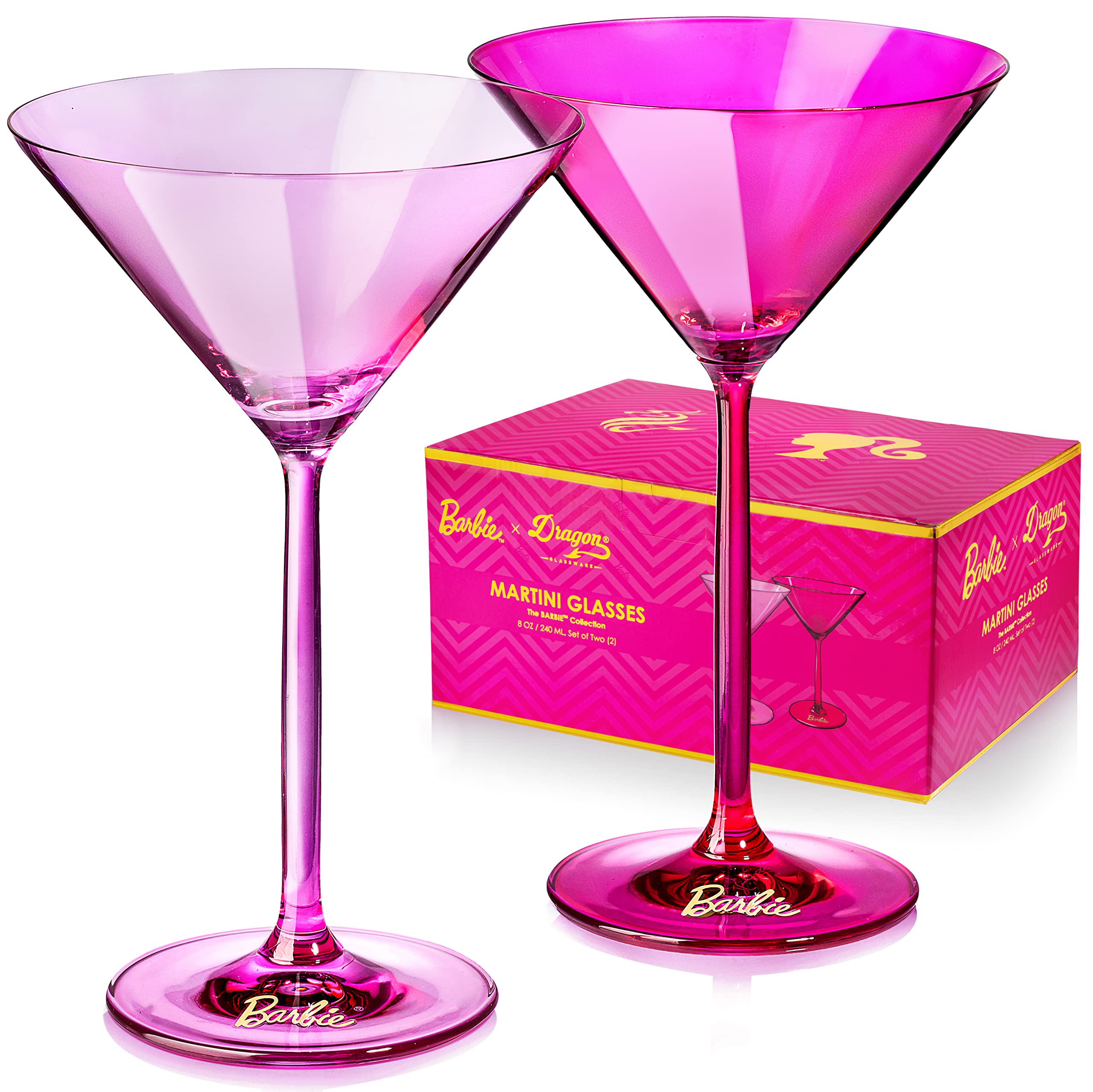 Dragon Glassware x Barbie Martini Glasses, Pink and Magenta Crystal Glass, As Seen in Barbie The Movie, Large Cosmopolitan and Cocktail Barware, 8 oz Capacity, Set of 2