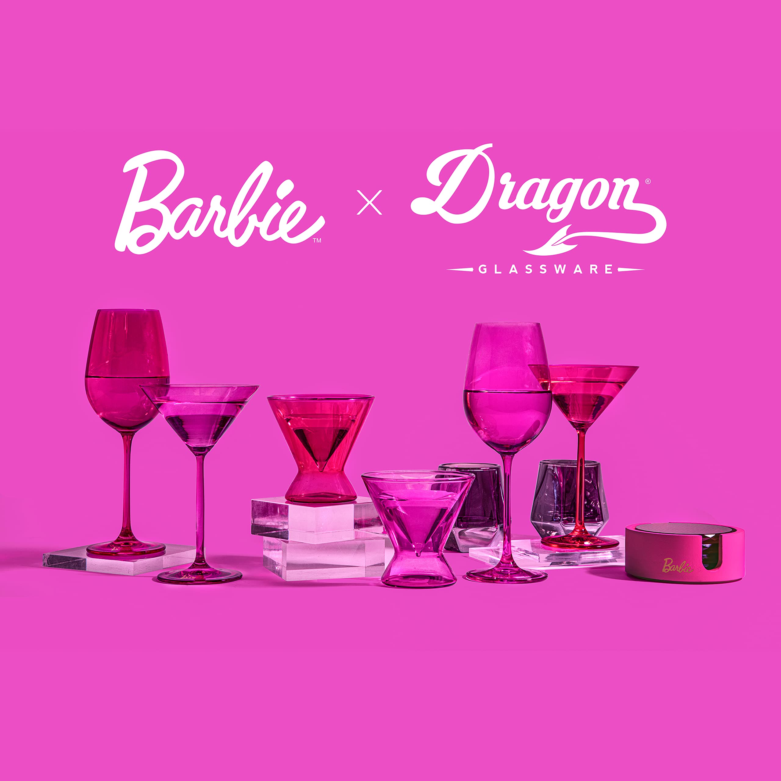 Dragon Glassware x Barbie Martini Glasses, Pink and Magenta Crystal Glass, As Seen in Barbie The Movie, Large Cosmopolitan and Cocktail Barware, 8 oz Capacity, Set of 2