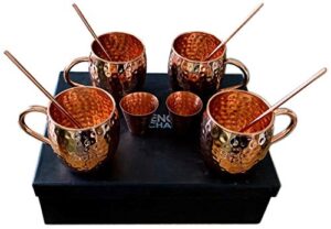 sciencepurchase set of 4 pure copper moscow mule mugs gift set with 4 copper cocktail straws and 2 shot glasses, each hammered mug holds 18 ounces