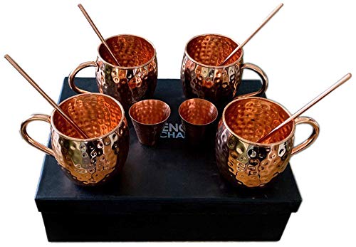 SciencePurchase Set of 4 Pure Copper Moscow Mule Mugs Gift Set with 4 Copper Cocktail Straws and 2 Shot Glasses, Each Hammered Mug Holds 18 Ounces