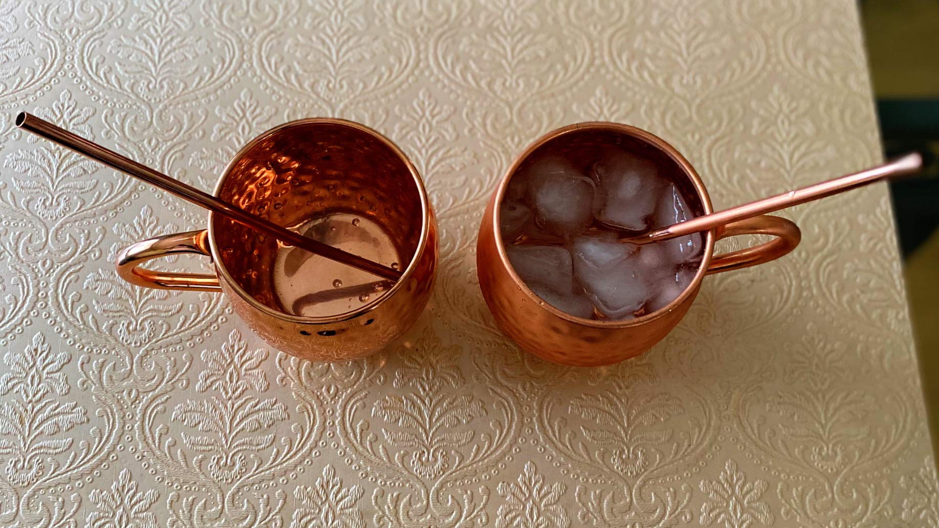 SciencePurchase Set of 4 Pure Copper Moscow Mule Mugs Gift Set with 4 Copper Cocktail Straws and 2 Shot Glasses, Each Hammered Mug Holds 18 Ounces